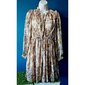 Beige Floral Fall Tier Lined Skirt Ruffle Dress Medium Womens Karlie